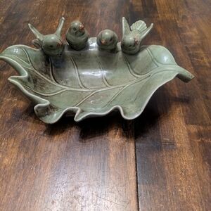 Leaf-Shaped Ceramic Dish with Birds
